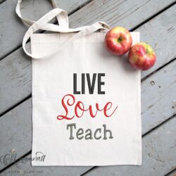 live love teach free embroidery proof on tote
