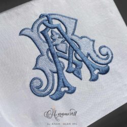 R and A interlocking embroidery monogram design, sewout in shades of blue