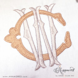 WC sewout in two colors, W in grey satin stitch and C in gold flat stitch with border.