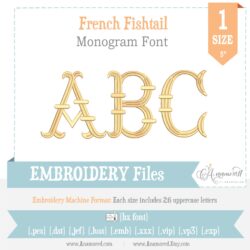 french fishtail embroidery monogram font 5 inch, one size