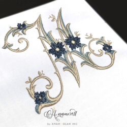 Floral Antique Victorian Antique Embroidery Font, Letter M in blue and gold thread