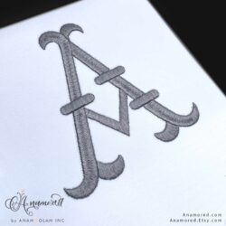 French Fishtail Embroidery Monogram Font, Letter A in grey thread