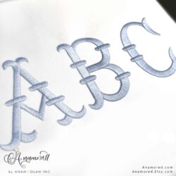 french fishtail 3 inch, letters abc in light blue thread