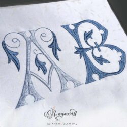 Secret Garden Embroidery Font, 4.5" inch by Anamored, sewout in two shades of blue on grey background