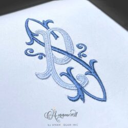 S and P Embroidery Monogram Sewout in blue threads on grey back