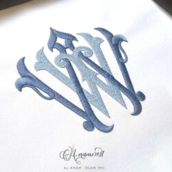 WW Embroidery monogram design in two shades of blue