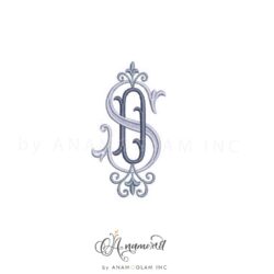 D and S embroidery monogram mockup in blue and grey thread