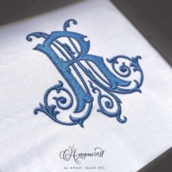 R and N embroidery monogram design, sewout in blue thread