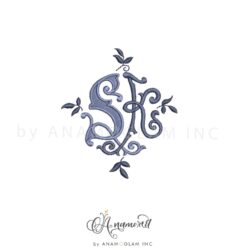 SK embroidery monogram design, digital proof in blue
