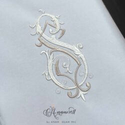 Interlocking S and S Embroidery Monogram, Sewout in cream and tan threads