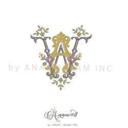 A and W floral interlocking embroidery monogram design, instrant download