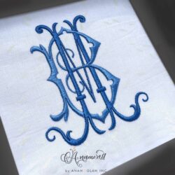 BM interlocking embroidery monogram design, sewout in blue