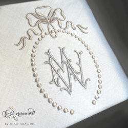 Bow with Dots Monogram Frame Embroidery Design, Sewout with letters M and W in Lucy font