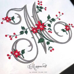 Fancy Poinsettia and Holly Vine Embroidery Monogram Font, Letter M sewout