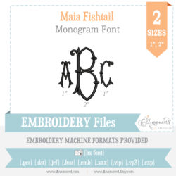 Maia Fishtail Embroidery Font, 2 sizes, 1 and 2 inch