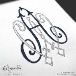 Interlocking A and W embroidery monogram, sewout in navy and silver