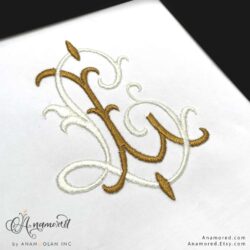 LL embroidery monogram sewout in gold and cream