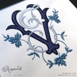 JV Embroidery Monogram, Sewout in blue thread