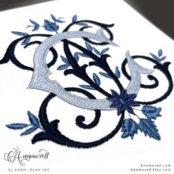 Vintage Interlocking C and C embroidery Monogram Design, Sewout in Blue side view