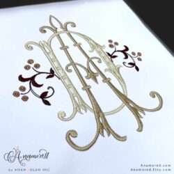 Interlocking A and D embroidery monogram design, sewout, side view