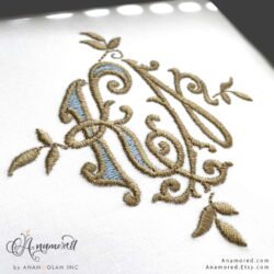 Vintage K and N Monza embroidery monogram design, sewout in gold and blue threads