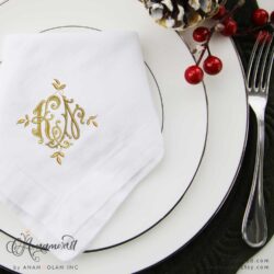 KN Monza interlocking embroidery monogram mockup on napkin with dish