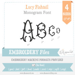 embroidery monogram font design, 4 sizes lucy fishtail