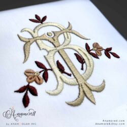 Interlocking BT or TB embroidery floral monogram design, sewout at angle