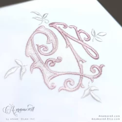 PN Monza vintage embroidery monogram design in pink thread, sewout