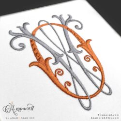 Vintage O and W Embroidery Monogram Design in Grey and Orange Thread