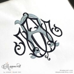 MRM interlockjing embroidery monogram design, sewout in blue threads