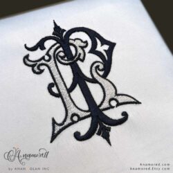 LP interlocking embroidery monogram design in navy blue thread