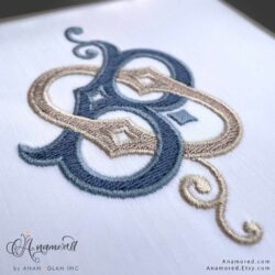 vintage interlocking embroidery monogram design in navy and khaki thread