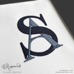 interlocking s and a embroidery monogram design, sewout in navy thread