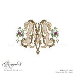 interlocking vintage m and m embroidery monogram design, instant download digital graphic