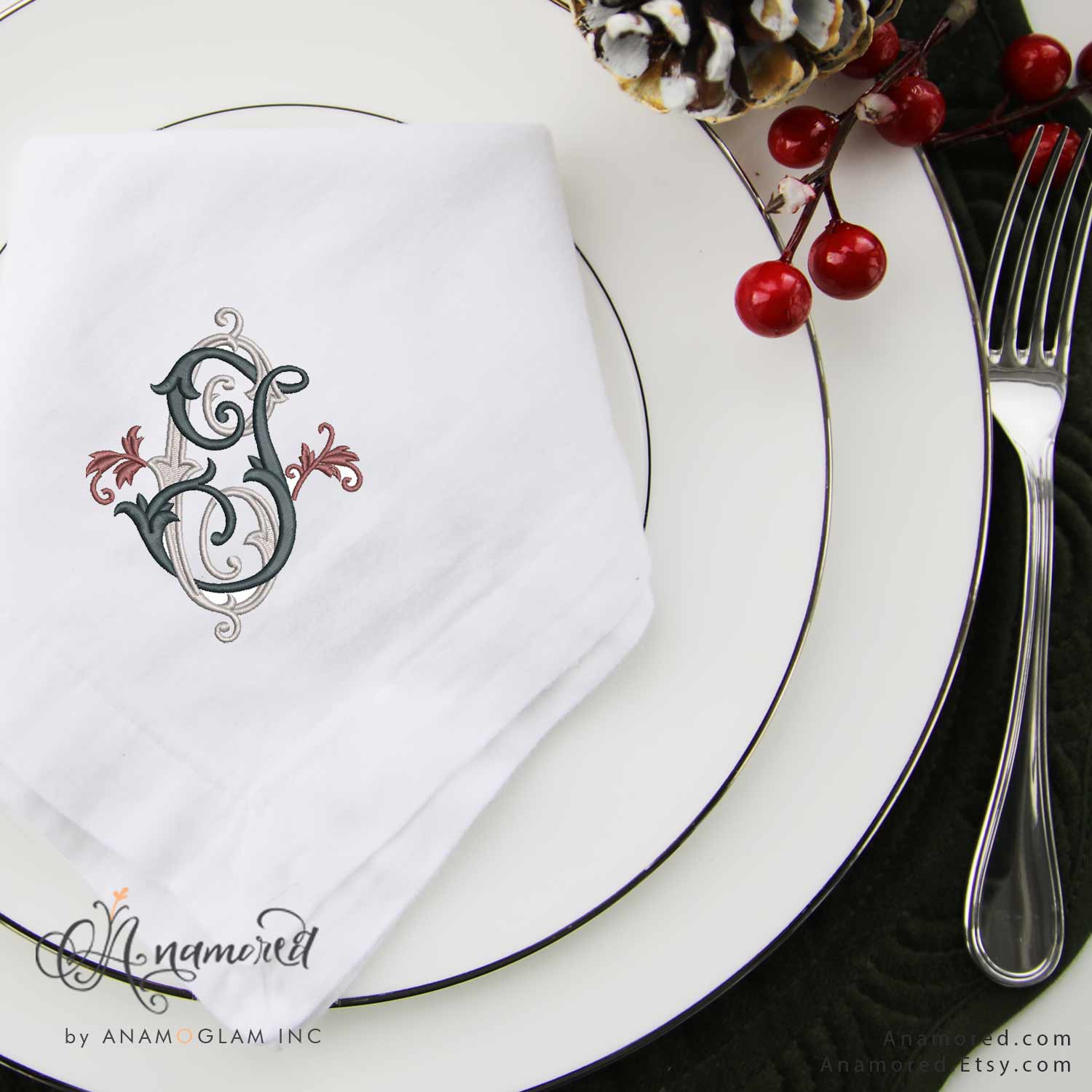 JC-mockup interlocking j and c embroidery monogram, mockup on napkin with plate