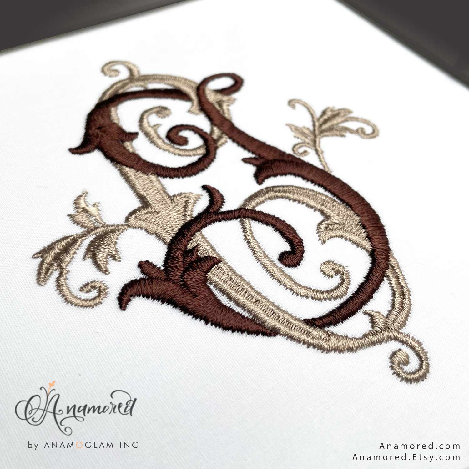 JC-sewout C and J embroidery monogram design, sewout, side view