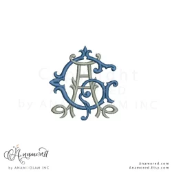 vintage interlocking a and g satin embroidery monogram design for embroidery machines,, digital proof in blue and grey