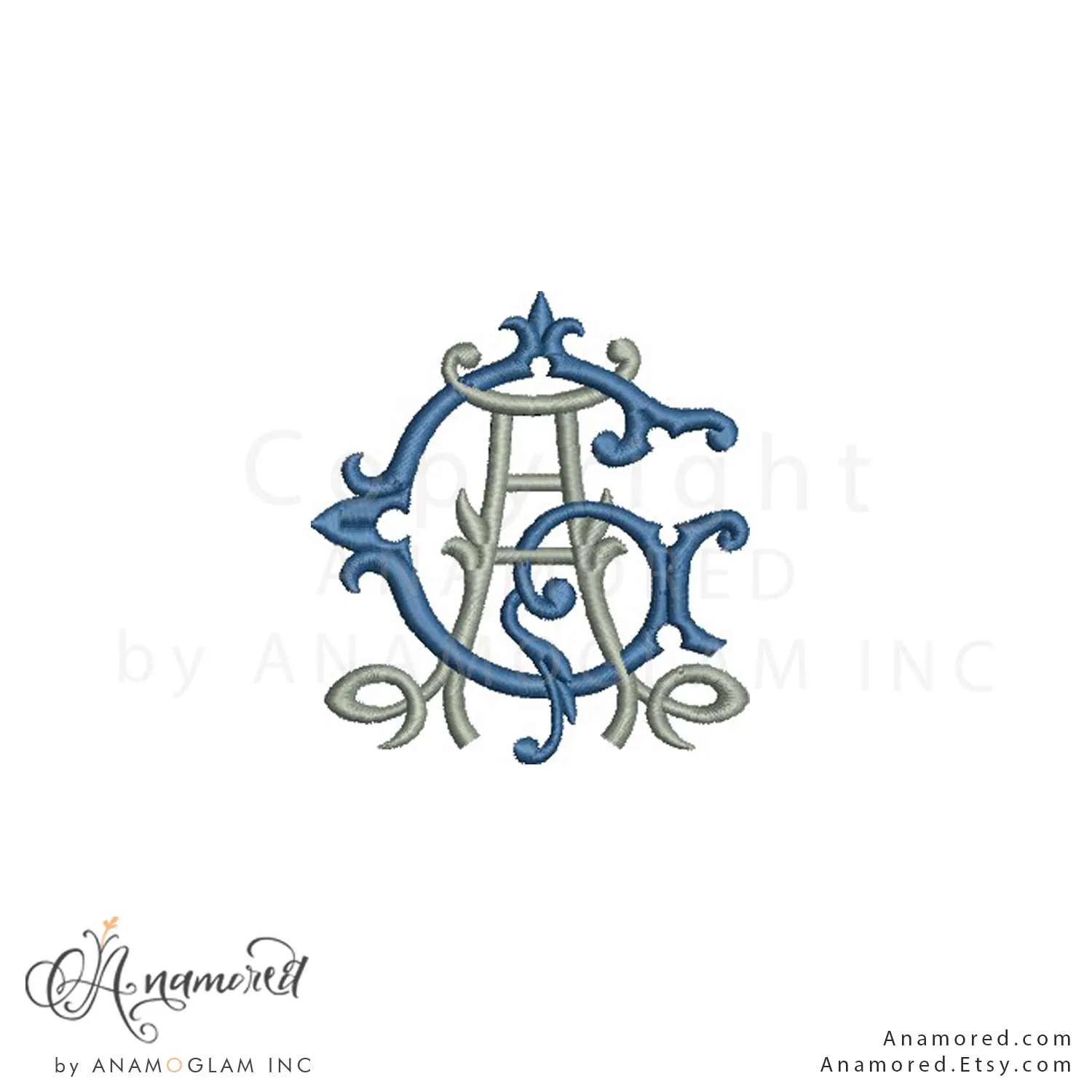 AG-monogram vintage interlocking a and g satin embroidery monogram design for embroidery machines,, digital proof in blue and grey