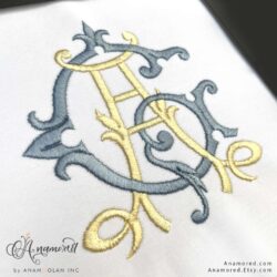 vintage interlocking a and g satin embroidery monogram design for embroidery machines, sewout in blue and yellow