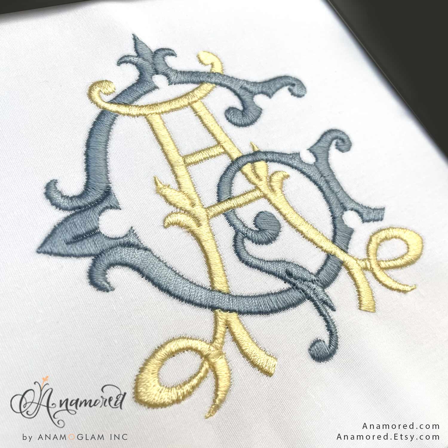 AG-monogram-sewout vintage interlocking a and g satin embroidery monogram design for embroidery machines, sewout in blue and yellow